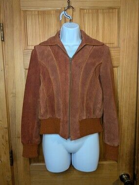 VTG 1970s Burnt Orange Suede Leather Bomber Jacket Womens S/M Cropped Mexico Mad
